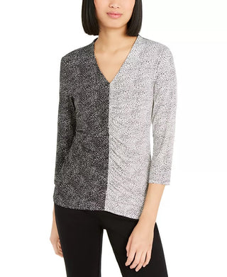 Alfani Women's Printed 3/4 Sleeve V Neck T-Shirt Top Black Size Small