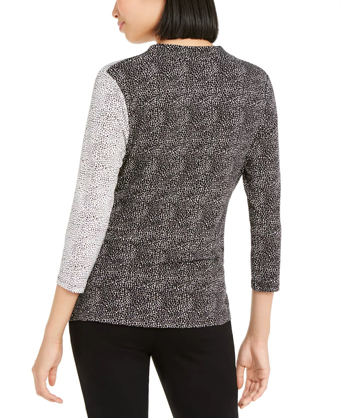 Alfani Women's Printed 3/4 Sleeve V Neck T-Shirt Top Black Size Small