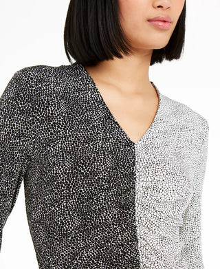 Alfani Women's Printed 3/4 Sleeve V Neck T-Shirt Top Black Size Small