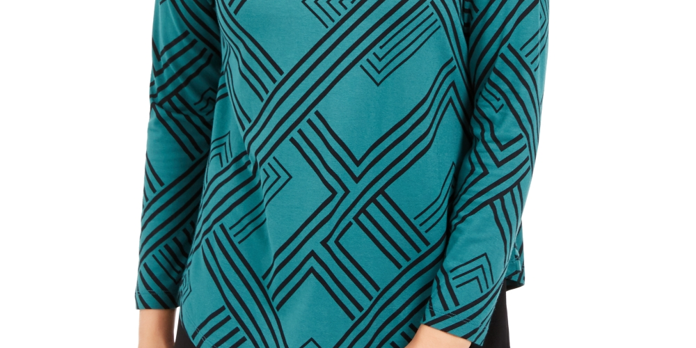 JM Collection Women's Petite Printed Turtleneck Top Green Size Medium