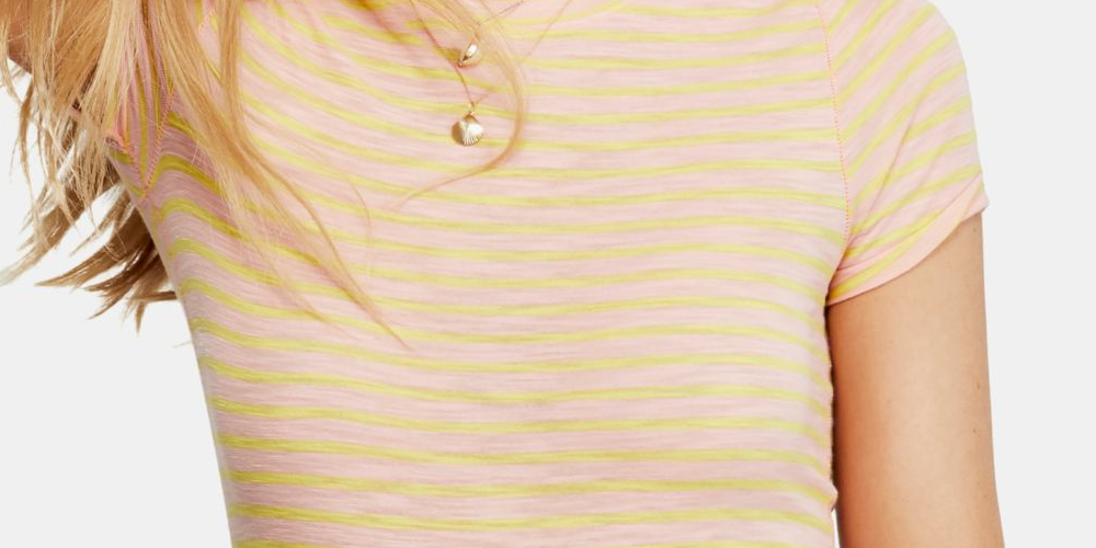 Free People Women's Striped Short Sleeve Crew Neck T-Shirt Pink  Size Large