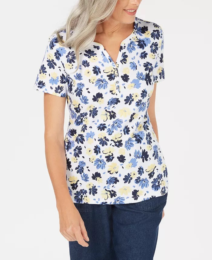 Karen Scott Women's Liberty Daisy Printed Henley Top White Size Petite Small