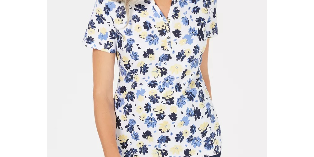 Karen Scott Women's Liberty Daisy Printed Henley Top White Size Petite Small