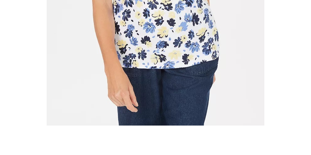Karen Scott Women's Liberty Daisy Printed Henley Top White Size Petite Small