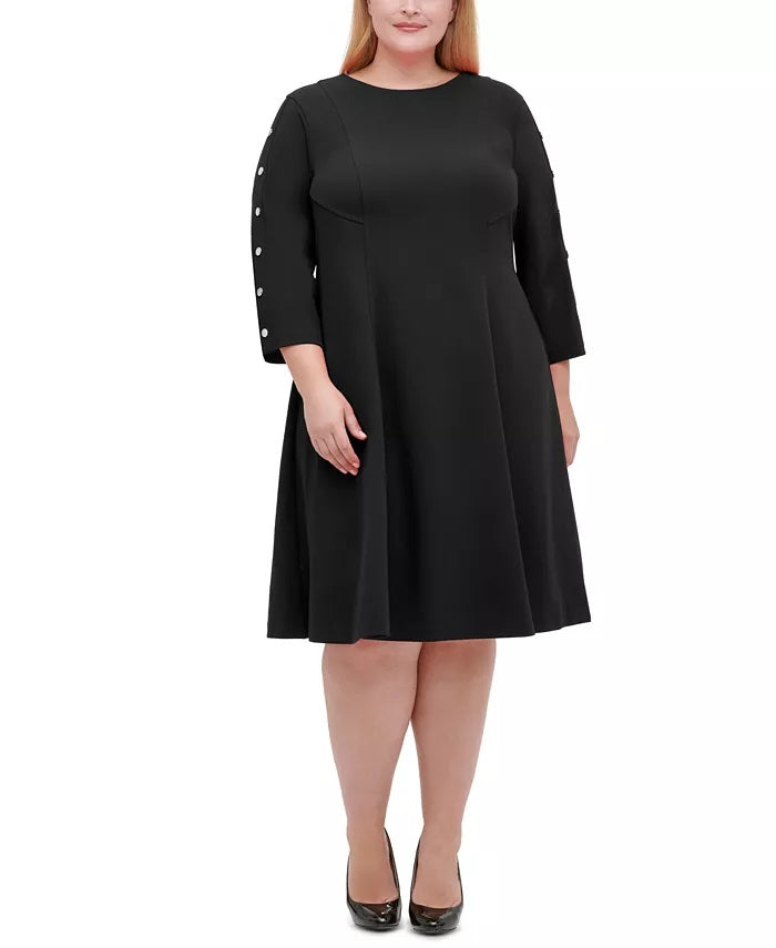 Tommy Hilfiger Women's Plus Button Sleeve Fit & Flare Dress Black Size 20W
