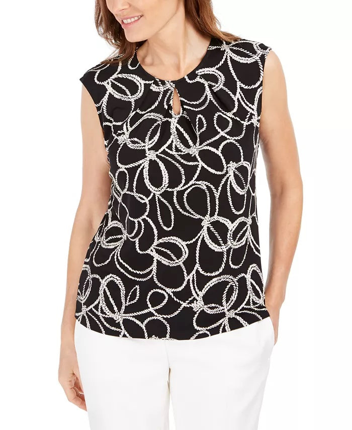Kasper Women's Embroidered Printed Cap Sleeve Keyhole Top Black Size X-Small
