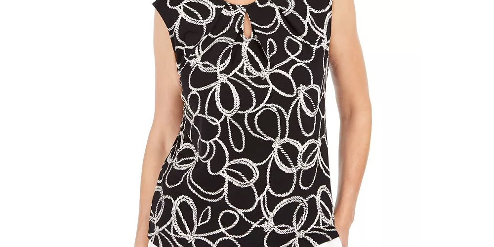 Kasper Women's Embroidered Printed Cap Sleeve Keyhole Top Black Size X-Small