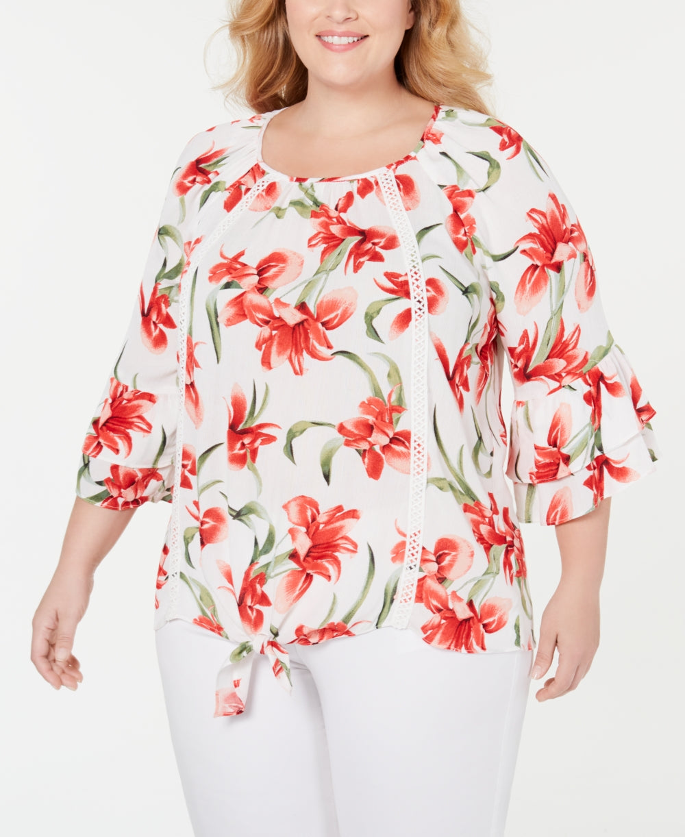 JM Collection Women's Plus Floral-Print Tie-Hem Top  White Size 0X