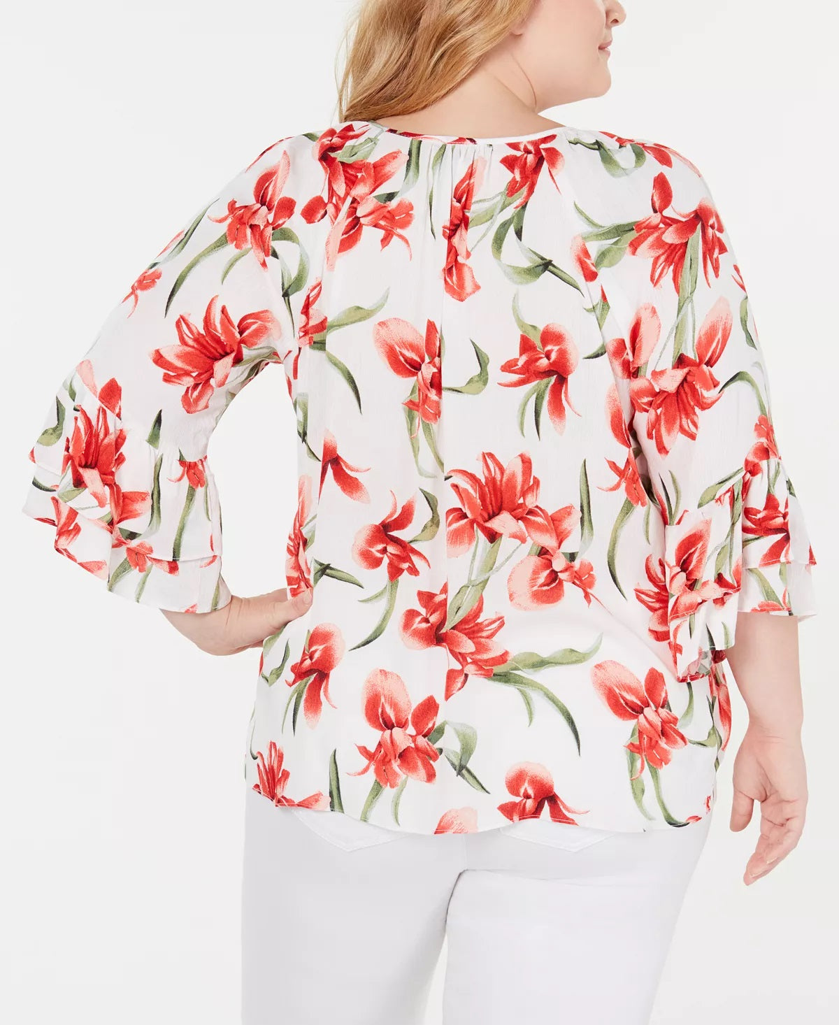 JM Collection Women's Plus Floral-Print Tie-Hem Top  White Size 0X