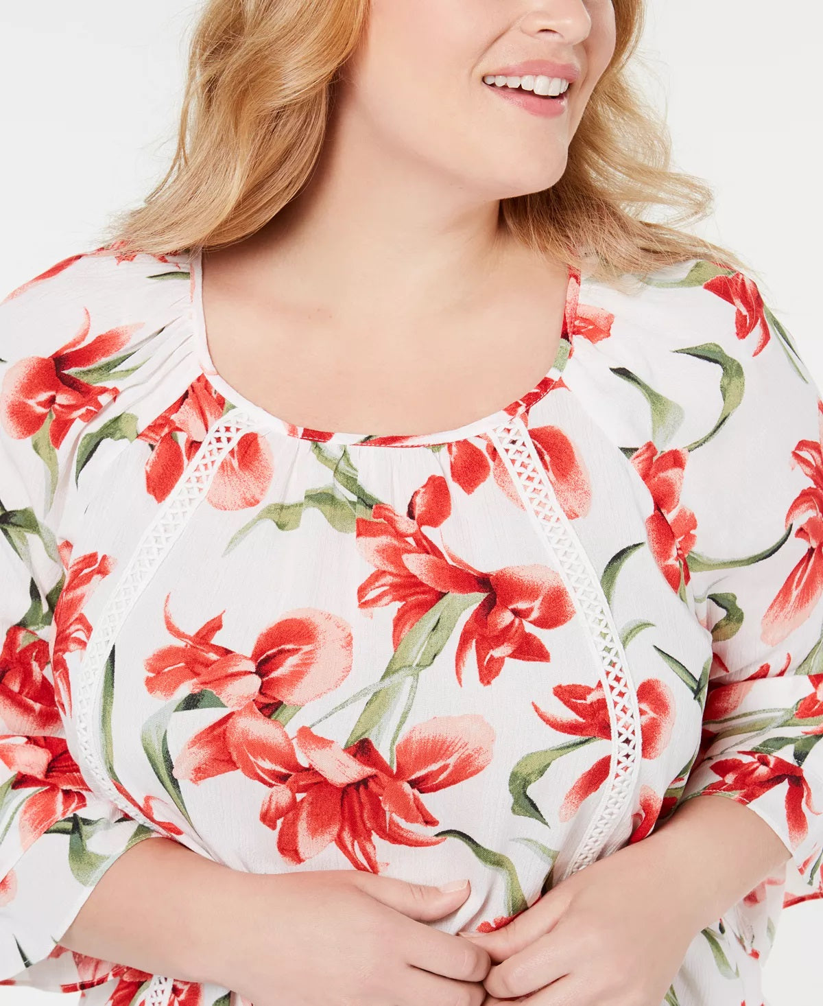 JM Collection Women's Plus Floral-Print Tie-Hem Top  White Size 0X