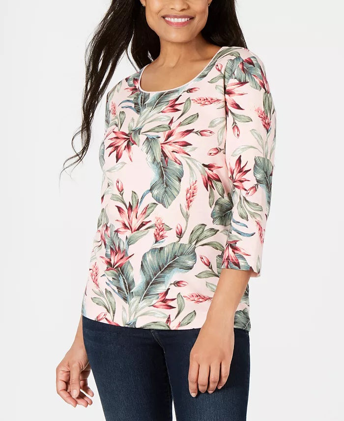 Karen Scott Women's Palm Print 3/4 Sleeve Top Pink Size Small