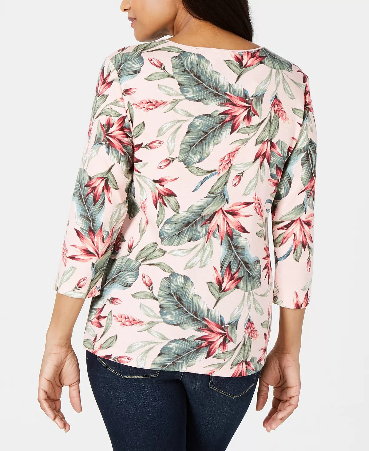 Karen Scott Women's Palm Print 3/4 Sleeve Top Pink Size Small