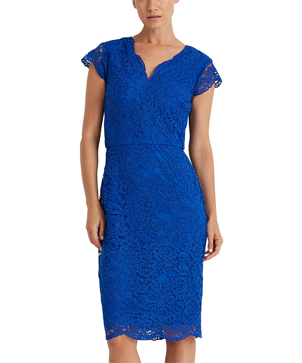 Ralph Lauren Women's Lace Scalloped Sheath Dress Blue Size 8 Petite