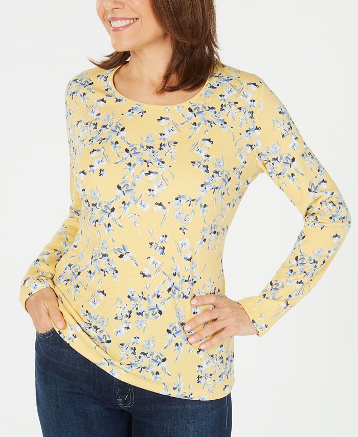 Karen Scott Women's Printed Long Sleeve Top Yellow Size S