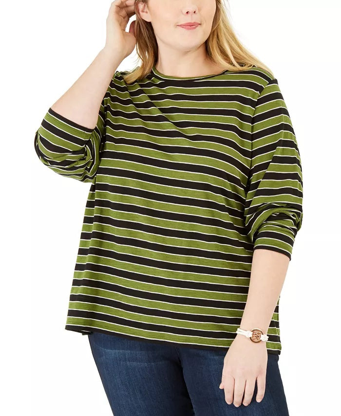 Michael Kors Women's Plus Striped Crewneck T-Shirt Green Size 0X