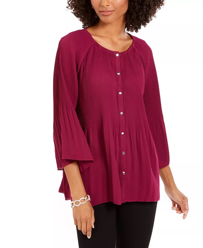 NY Collection Women's Pleated Button Front Bell Sleeve Top Red Size PXS