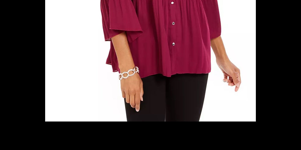 NY Collection Women's Pleated Button Front Bell Sleeve Top Red Size PXS