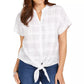 Charter Club Women's Windowpane Print Tie Waist Top White Size X-Large