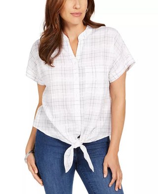 Charter Club Women's Windowpane Print Tie Waist Top White Size X-Large