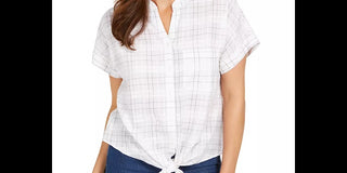 Charter Club Women's Windowpane Print Tie Waist Top White Size X-Large