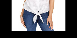 Charter Club Women's Windowpane Print Tie Waist Top White Size X-Large