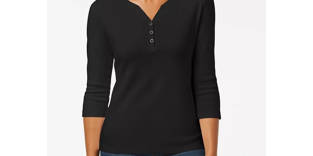 Karen Scott Women's Cotton Henley Shirt Grey Size Petite Small