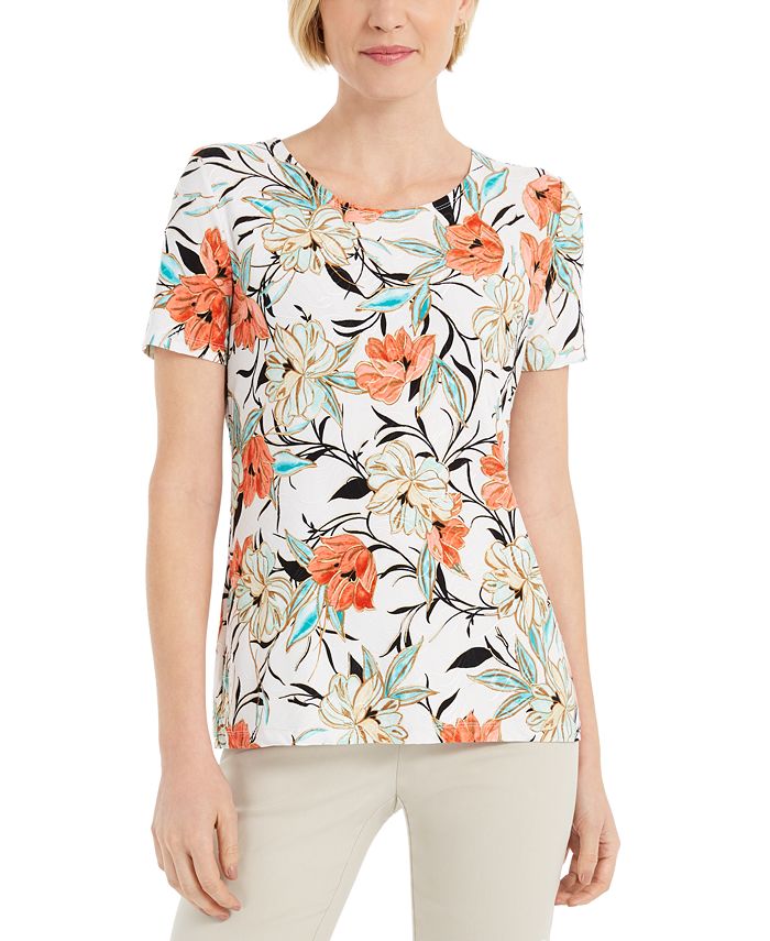 JM Collection Women's Floral Print Top White Size M