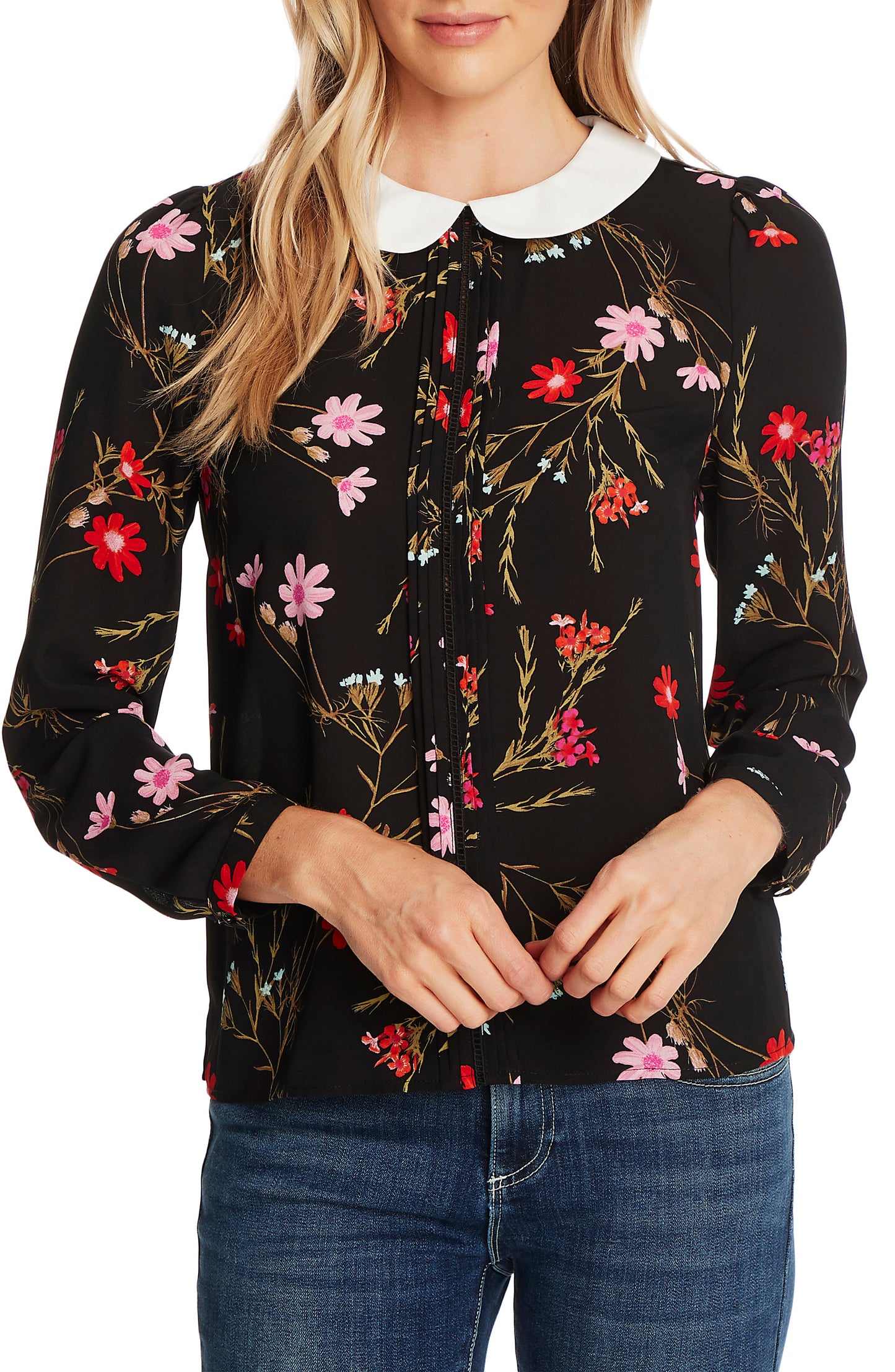 CeCe Women's Collared Floral Print Top Black Size -XL