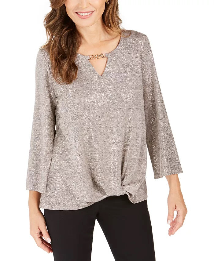 JM Collection Women's Twist Hem Keyhole Top Silver Size Small