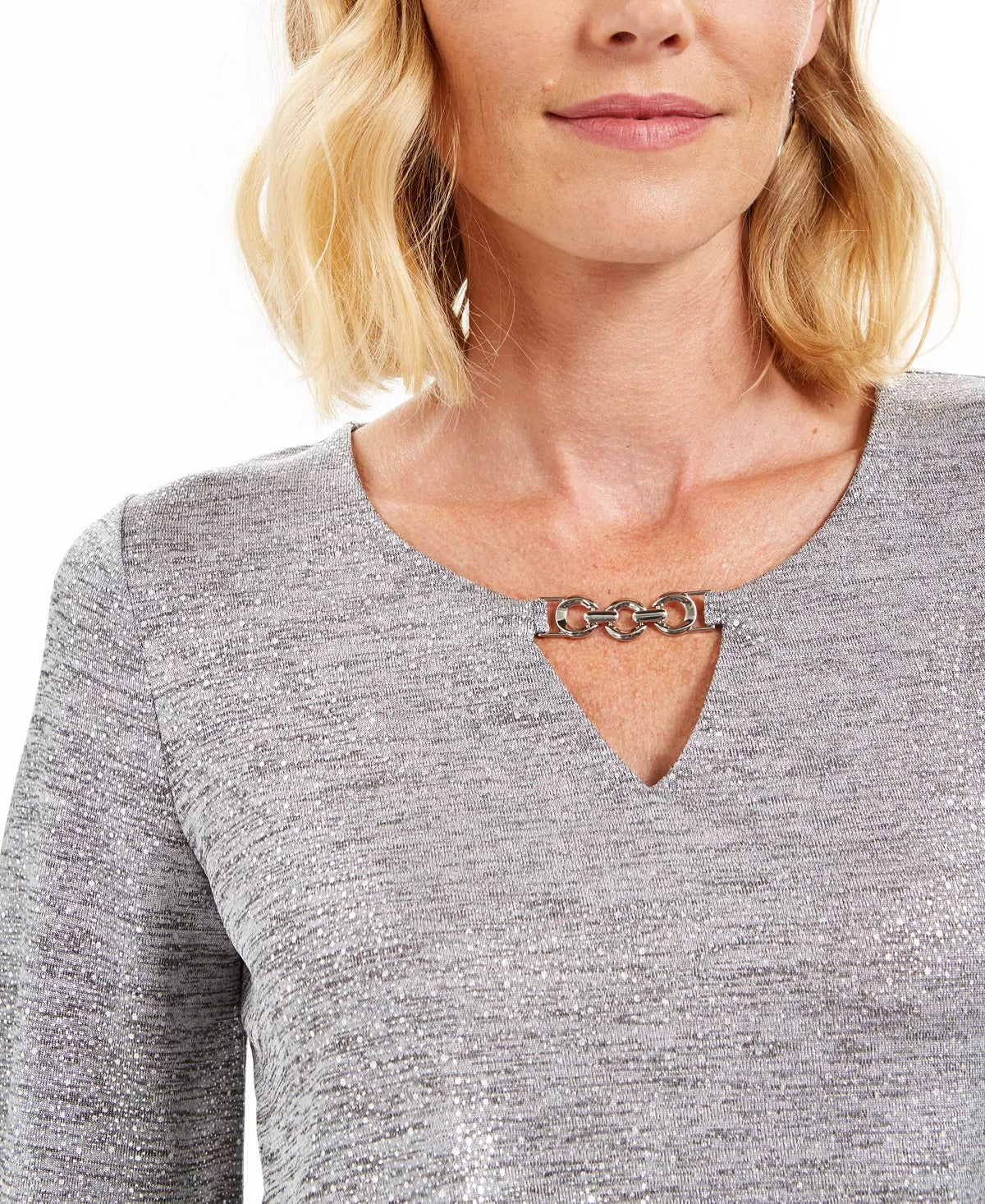 JM Collection Women's Twist Hem Keyhole Top Silver Size Small