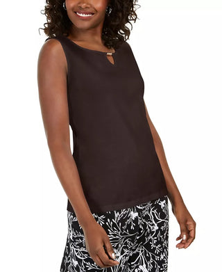 Karen Scott Women's Embellished Keyhole Tank Brown  Size Large