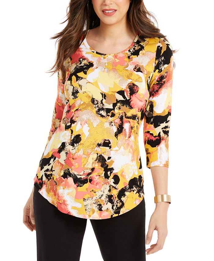 JM Collection Women's Printed 3/4 Sleeve Scoop Neck Top Yellow Size -XL