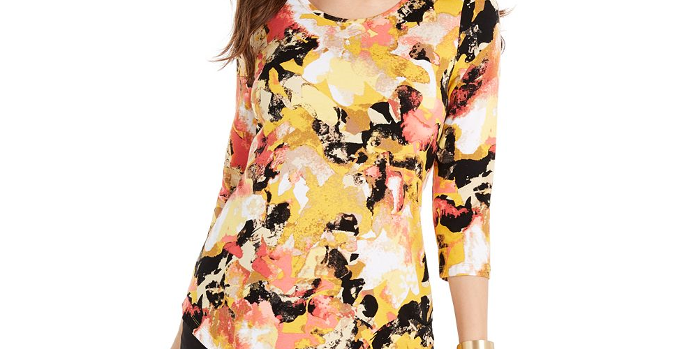 JM Collection Women's Printed 3/4 Sleeve Scoop Neck Top Yellow Size -XL