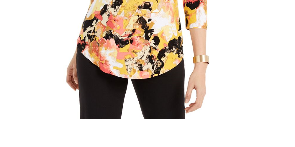 JM Collection Women's Printed 3/4 Sleeve Scoop Neck Top Yellow Size -XL