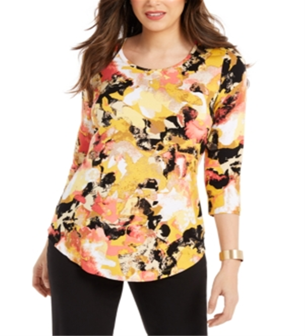 JM Collection Women's Printed 3/4 Sleeve Scoop Neck Top Yellow Size -XL