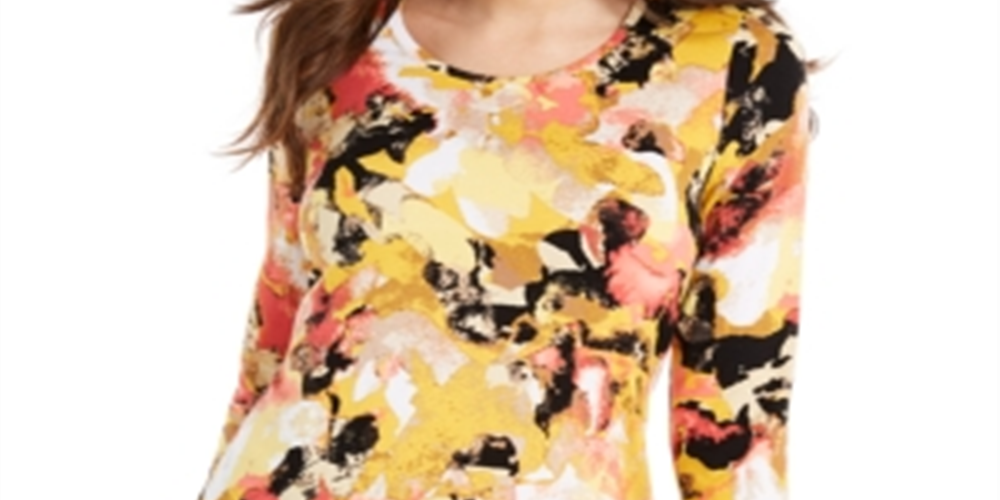 JM Collection Women's Printed 3/4 Sleeve Scoop Neck Top Yellow Size -XL