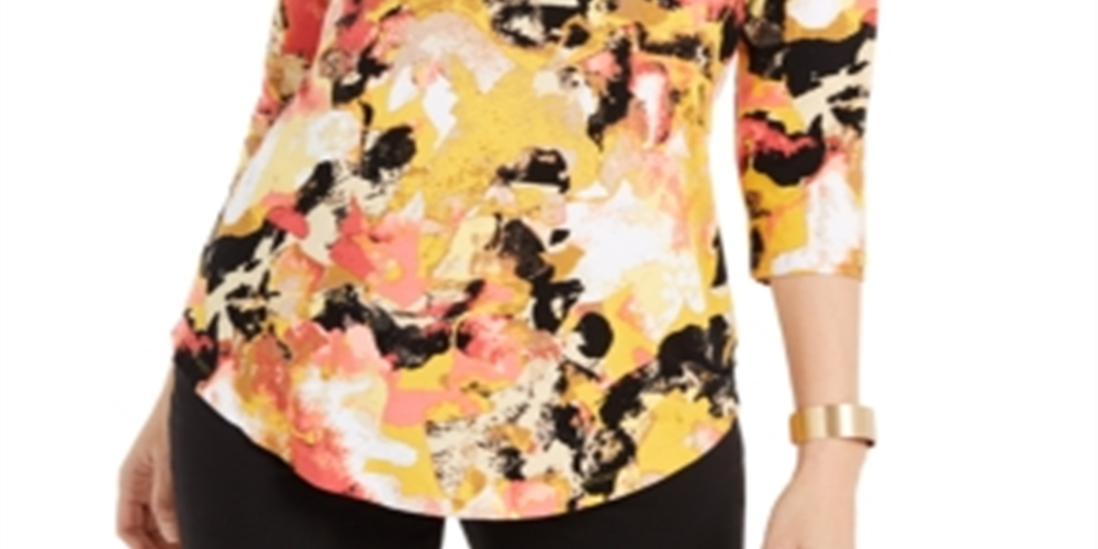 JM Collection Women's Printed 3/4 Sleeve Scoop Neck Top Yellow Size -XL