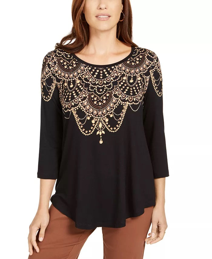 JM Collection Women's Printed Metallic Trim Top Black Size Small