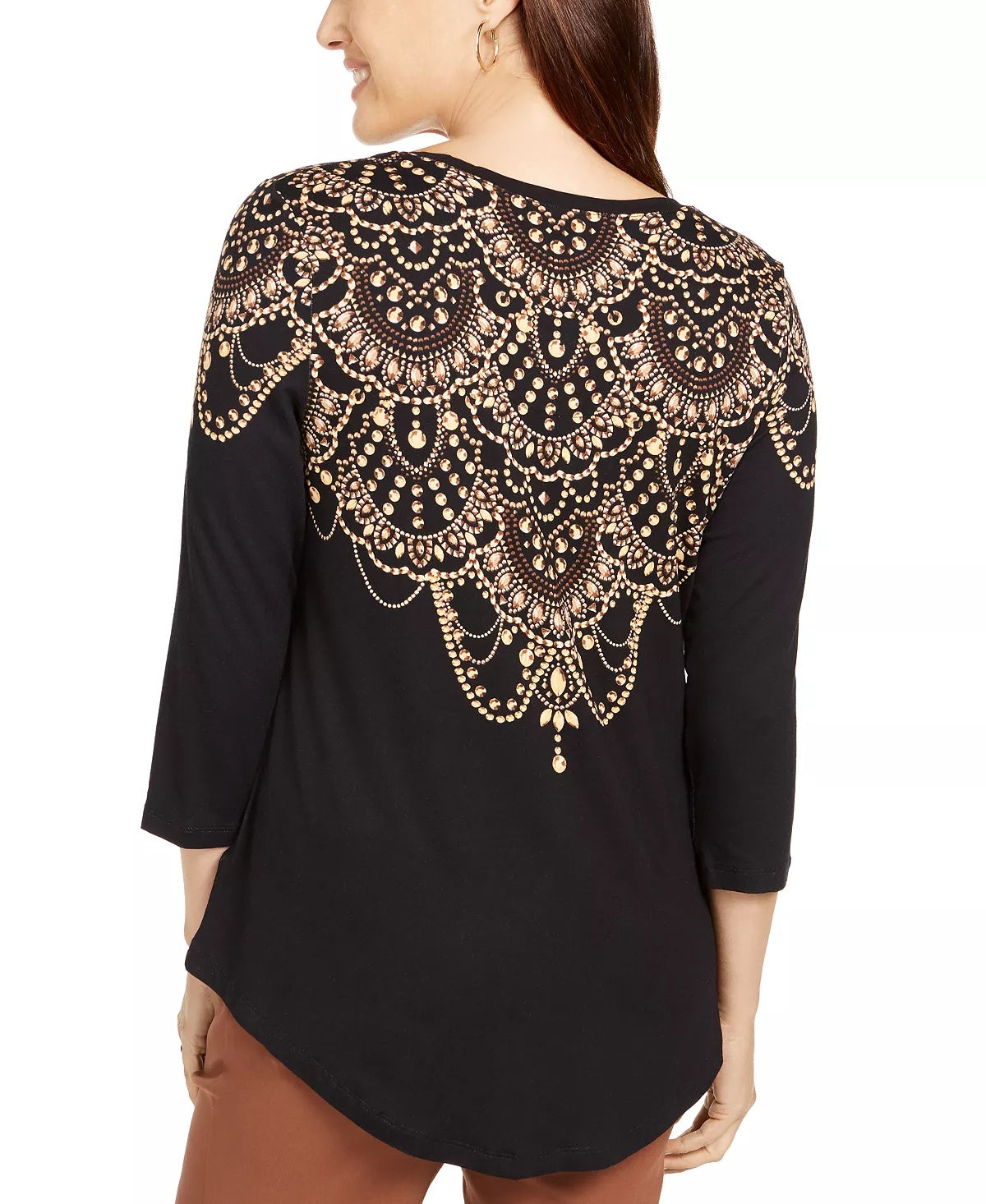 JM Collection Women's Printed Metallic Trim Top Black Size Small