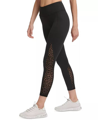 DKNY Women's Sport Flocked Leopard High Waist Leggings Black Size Medium