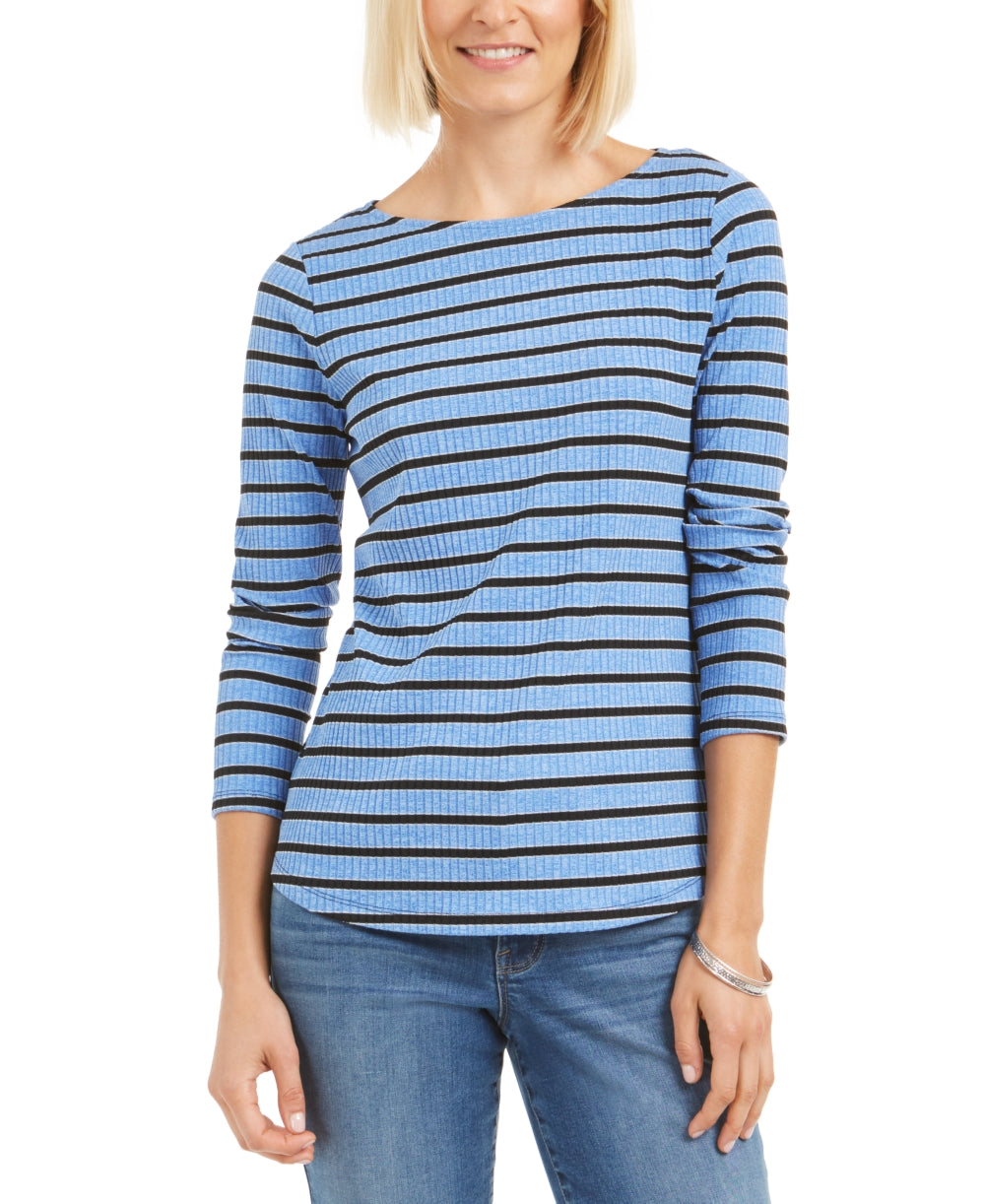 Charter Club Women's Petite Printed 3/4-Sleeve Top Blue Size L