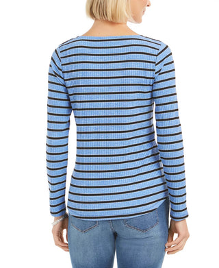 Charter Club Women's Petite Printed 3/4-Sleeve Top Blue Size L