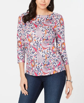 Charter Club Women's Cotton Printed Boat Neck Top Blue Size X-Large