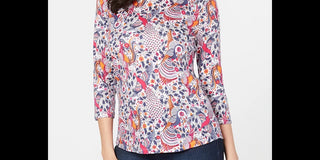 Charter Club Women's Cotton Printed Boat Neck Top Blue Size X-Large