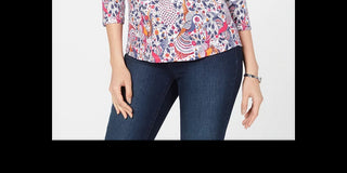 Charter Club Women's Cotton Printed Boat Neck Top Blue Size X-Large