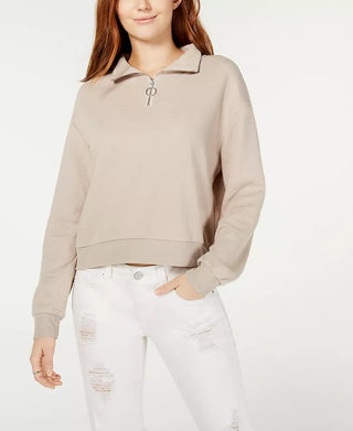 Crave Fame Juniors' Waffle Knit Quarter-Zip Top Beige Size Small
