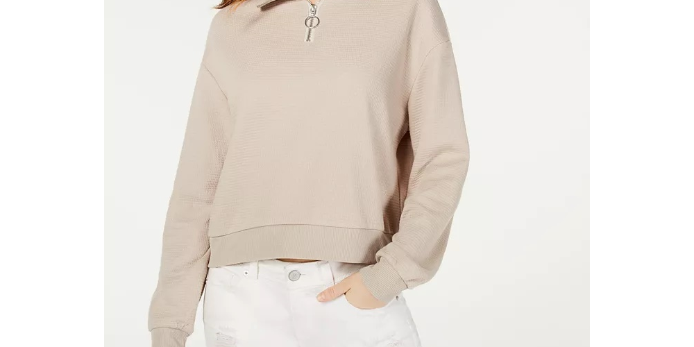 Crave Fame Juniors' Waffle Knit Quarter-Zip Top Beige Size Small