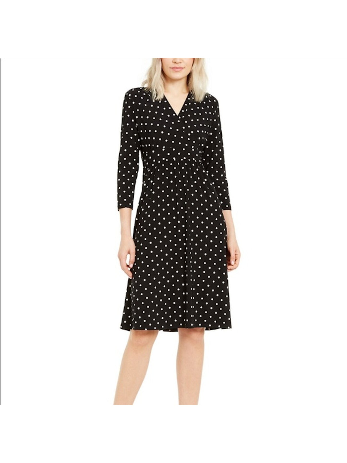 Anne Klein Women's Polka Dot 3/4 Sleeve V Neck Knee Length Fit Flare Dress Black Size Large
