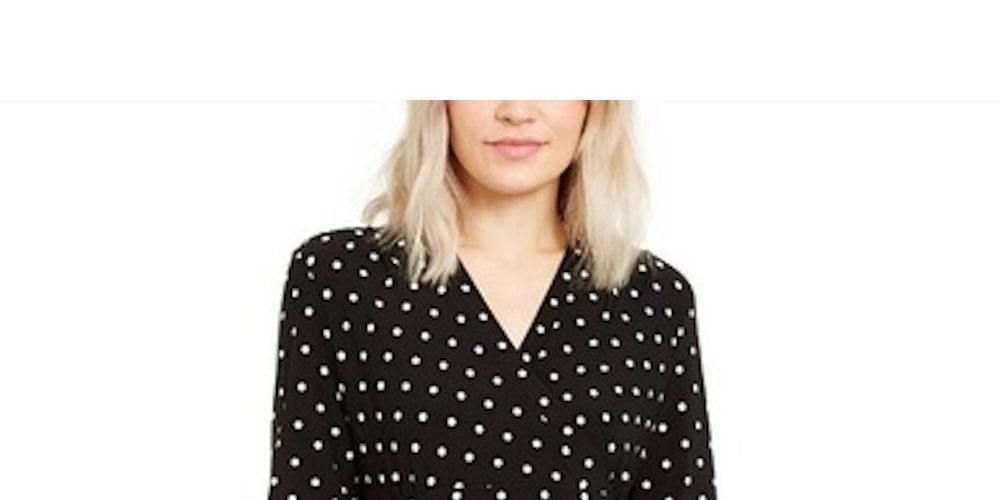 Anne Klein Women's Polka Dot 3/4 Sleeve V Neck Knee Length Fit Flare Dress Black Size Large