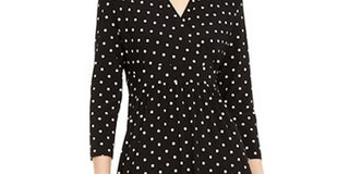 Anne Klein Women's Polka Dot 3/4 Sleeve V Neck Knee Length Fit Flare Dress Black Size Large